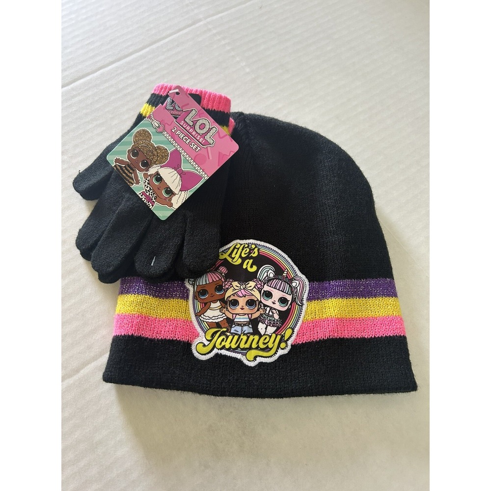 LOL Surprise Dolls Knit Hat Beanie &‎ Glove Set Kids New Unisex Black Pink BxX